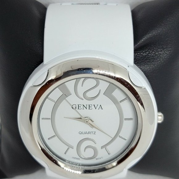Geneva analog watch cuff bracelet quartz Japan Mov’t white silver tone womens - Picture 4 of 7